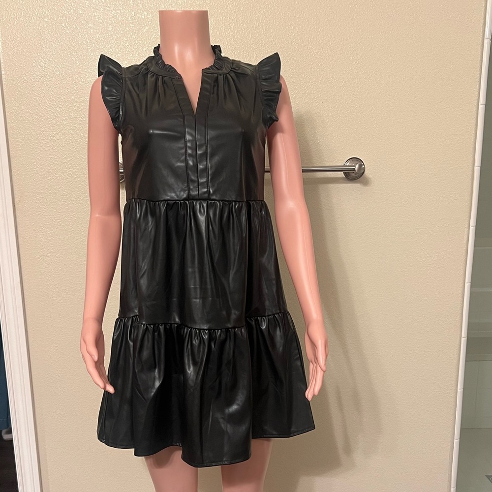 Skies Are Blue Black Faux Leather Dress. Size XS.